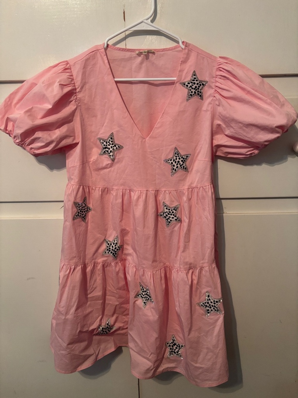 Main Strip Pink Mini Dress with Black & White Star Appliqués